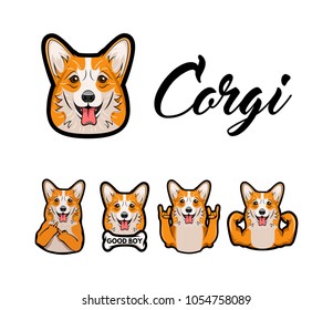 Corgi. Middle finger, bone, horns, rock gesture, muscles Vector Dog with gestures Muzzle face head