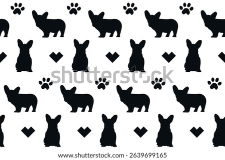 Corgi with paw and  heart seamless pattern. 