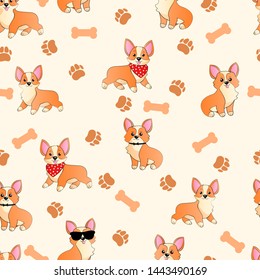 Corgi with paws and bones funny hand draw cartoons seamless pattern. Dogs in scarf and sunglasses kids doodle repeater backgrounds for textile, postcard, wallpaper, gift wrapp or another your design