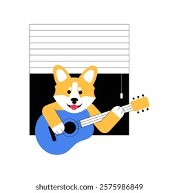 Corgi Playing A Guitar In Flat Vector Illustration Symbolizing Music, Creativity, And Entertainment, Isolated On White Background