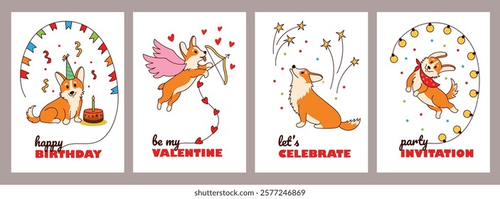 Corgi poster. Cute funny corgi puppy, dog cute characters with happy emotions, creative pembroke corgi card design with adorable pet. Vector animal banner set.