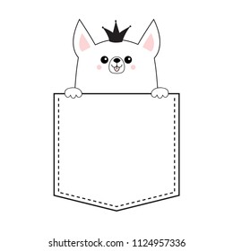 Corgi princess crown dog happy face head icon in the pocket. Holding hands paw. Cute cartoon pooch character Contour silhouette Kawaii animal Funny baby puppy Love Flat design. White background Vector