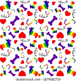 Corgi puppies, bones,hearts in the colors of the rainbow.The inscription "Love is love". Animal care,homeless shelters. Valentine's Day. The concept of tolerance, equal rights, love for pets, food