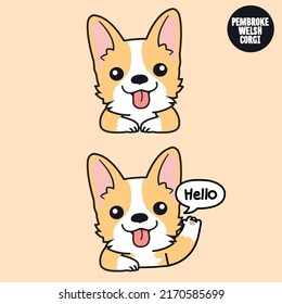 Corgi puppy dog with a smile and hello action. 2D cute cartoon character design in flat style.