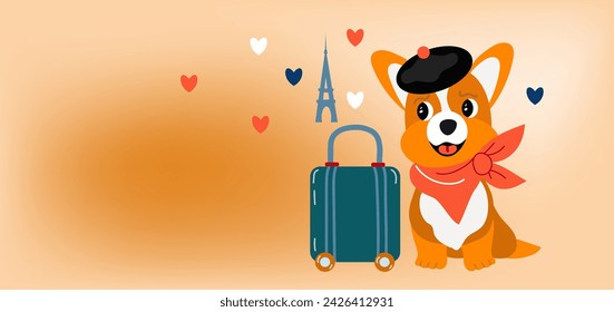 A corgi puppy in a French black beret and a red neckerchief sitting next to a suitcase. The banner is blue. The concept of summer travel. Tourism with animals. Trips to France. vector