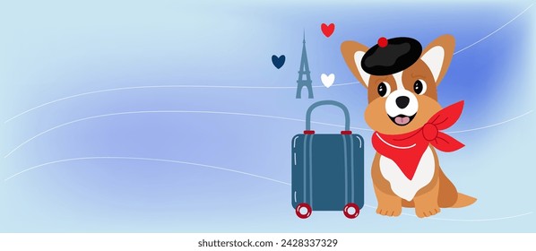 A corgi puppy in a French black beret and a red neckerchief sitting next to a suitcase. The banner is blue. The concept of summer travel. Tourism with animals. Trips to France. vector