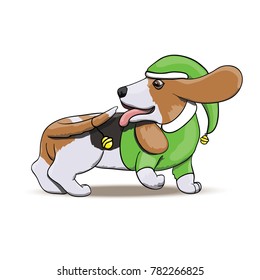 Corgi Puppy Reindeer With Santa Toy, Smiling and Running at Full Speed. Cartoon Character Illustration