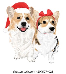 Corgi puppy in Santa theme red hat vector art of dog Christmas