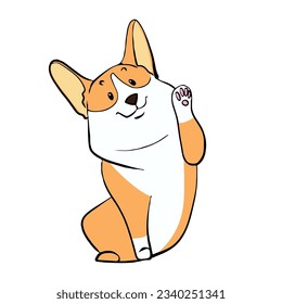 Corgi with raised front paw, vector graphics in sketch style, flat