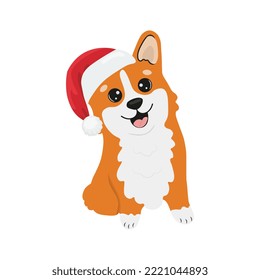 Corgi in Santa Claus hat. Corgi dog vector cartoon illustration. Cute friendly welsh corgi puppy, isolated on white background.