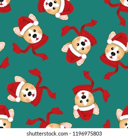 Corgi Santa Claus with Red Scarf on Green Background. Vector Illustration.