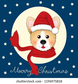 Corgi Santa Claus with Red Scarf on Blue Christmas Greeting Card. Vector Illustration.