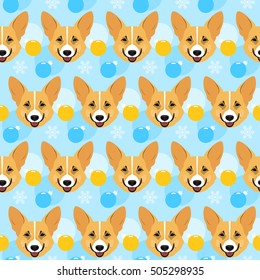 Corgi seamless pattern background. Abstract flat welsh corgi portrait isolated on soft blue cover with snowflake and glass ball. Winter holiday theme.