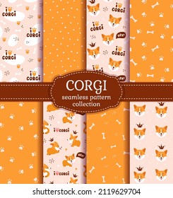 Colección ininterrumpida de patrones Corgi con adorables cachorros de corgi de agua dulce, así como antecedentes abstractos. Colección de vectores con graciosos personajes de perro.