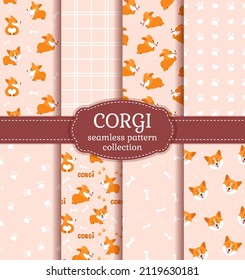 Colección ininterrumpida de patrones Corgi con adorables cachorros de corgi de agua dulce, así como antecedentes abstractos. Colección de vectores con graciosos personajes de perro.