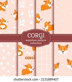 Colección ininterrumpida de patrones Corgi con adorables cachorros de corgi de agua dulce, así como antecedentes abstractos. Colección de vectores con graciosos personajes de perro.