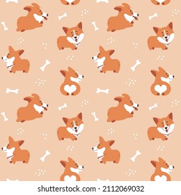 Corgi seamless pattern. Cute and happy welsh corgi puppies with bones and hand drawn textures. Funny dog characters. Vector background.