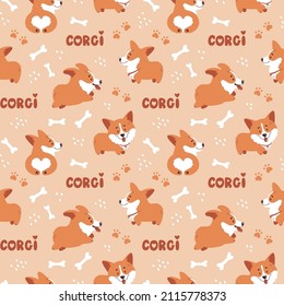 Corgi seamless pattern. Cute and happy welsh corgi puppies and hand drawing letterings. Funny dog characters. Stylish vector background.