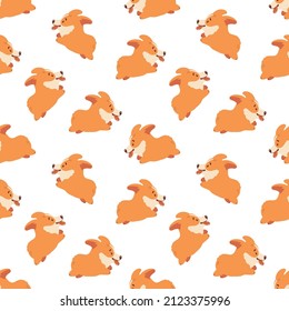 Corgi seamless pattern. Cute and happy running welsh corgi puppies. Funny dog character. Vector background.