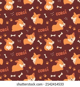 Corgi Seamless Pattern. Cute And Happy Welsh Corgi Puppies And Hand Drawing Letterings. Funny Dog Characters. Vector Background.