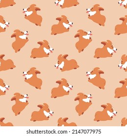 Corgi seamless pattern. Cute and happy running welsh corgi puppies. Funny dog character. Stylish vector background.