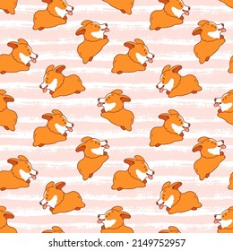 Corgi seamless pattern. Cute and happy running welsh corgi puppies on a striped background. Funny dog character and brush painted stripes. Vector illustration.