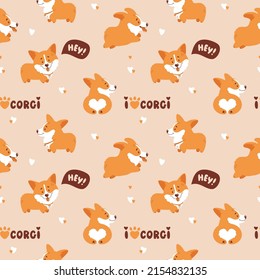 Corgi seamless pattern. Cute and happy welsh corgi puppies and hand drawing letterings. Funny dog characters. Vector background.