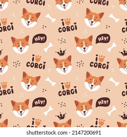 Corgi Seamless Pattern. Cute Smiling Welsh Corgi Faces And Hand Drawing Letterings. Happy Dog Characters. Trendy Vector Background.