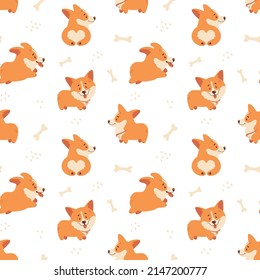 Corgi seamless pattern. Happy welsh corgi puppies and bones. Funny dog characters. Cute vector background.