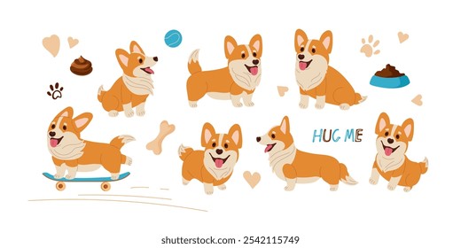 Corgi set. Adorable Corgi Collection, Playful Set of Cute Corgi Illustration Featuring Various Poses, Expressions and Accessories for Pet Lovers. Flat vector illustration isolated on white background