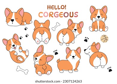 Corgi set. Funny puppies, and other design elements - bone, footprint and boll. Different poses - dog is  running, sitting , back view .Vector