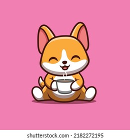 Corgi Sitting Drink Coffee Cute Creative Kawaii Cartoon Mascot Logo