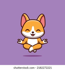Corgi Sitting Meditation Cute Creative Kawaii Cartoon Mascot Logo