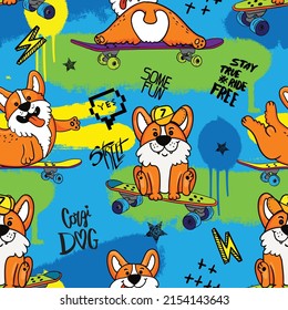 corgi skaters pattern. Cool hand drawn dog on skate background Seamless bright  pattern for T-shirts, textiles, clothes, sports, and more