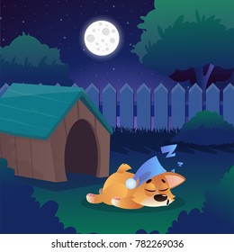 Corgi sleeping on meadow near his house on backyard. Night landscape with starry sky, full moon, green trees, brushes and white wooden fence. Summer nature. Flat vector