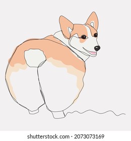 Corgi stands with his back one line drawing. The colors in the picture are beige, peach, white and pink.	
