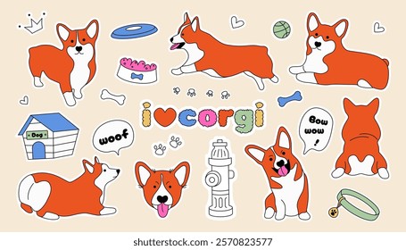 Corgi stickers. Cute cartoon dog characters with bone, footprint and ball, funny comic puppy icons for print, happy little pet doggie mascot. Vector isolated set.