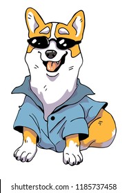 Corgi in sunglasses and a shirt. Happy dog sitting and smiling.