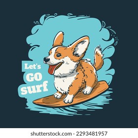 Corgi surfer cool summer t-shirt print. Dog ride surfboard on big wave. Slogan. Beach funny child wear illustration. Pet tropical sea surf sport kids typography fashion