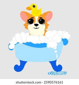 corgi taking a bubble bath in a blue tub, holding a yellow rubber duck. The fluffy puppy enjoys bath time, making it perfect for pet care designs, greeting cards, stickers