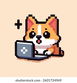 Corgi typing on a computer looking surprised, pixel art vector