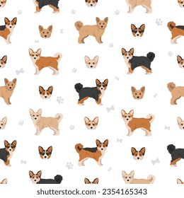 Corgipoo seamless pattern. Welsh corgi Poodle mix. Different coat colors set.  Vector illustration