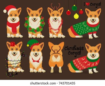 Juego de Navidad Corgis Dog. Ilustración vectorial.