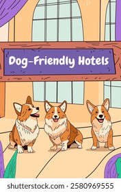 Corgis in dog-friendly hotel lobby with large windows and plants. Three happy dogs sitting indoors. Cartoon style. Landing page design