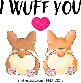 Corgis lovers couple with quote i wuff you and sketch hearts in cartoons style with grain textured shadow. Two dogs lying together doodle style illustration for posters, postcard, t-shirts or banner  