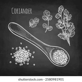 Coriander, cilantro or Chinese parsley. Handful of spice on a spoon. Chalk sketch on blackboard background. Hand drawn vector illustration. Vintage style.