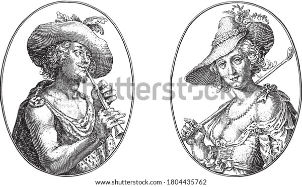 Coridon\
and Silvia, Crispijn van de Passe (II), 1635 Two representations on\
an album sheet. On the left shepherd Coridon with flute. Straight\
Silvia with shepherd\'s staff, vintage\
engraving.
