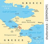Corinth Canal, artificial waterway in Greece, political map. Connects Gulf of Corinth (Ionian Sea) with Saronic Gulf (Aegean Sea), cuts through Isthmus of Corinth, separates Peloponnese from Attica.