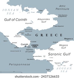 Corinth Canal, artificial waterway in Greece, gray political map. Connecting the Gulf of Corinth with the Saronic Gulf, the Ionian Sea with the Aegean Sea, separating Peloponnese the Attic Peninsula.