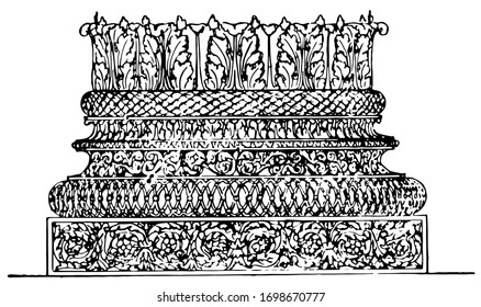 Corinthian Base,  in the Baptistery of Constantine,  Roman architecture,  its offshoot the Composite, vintage line drawing or engraving illustration.